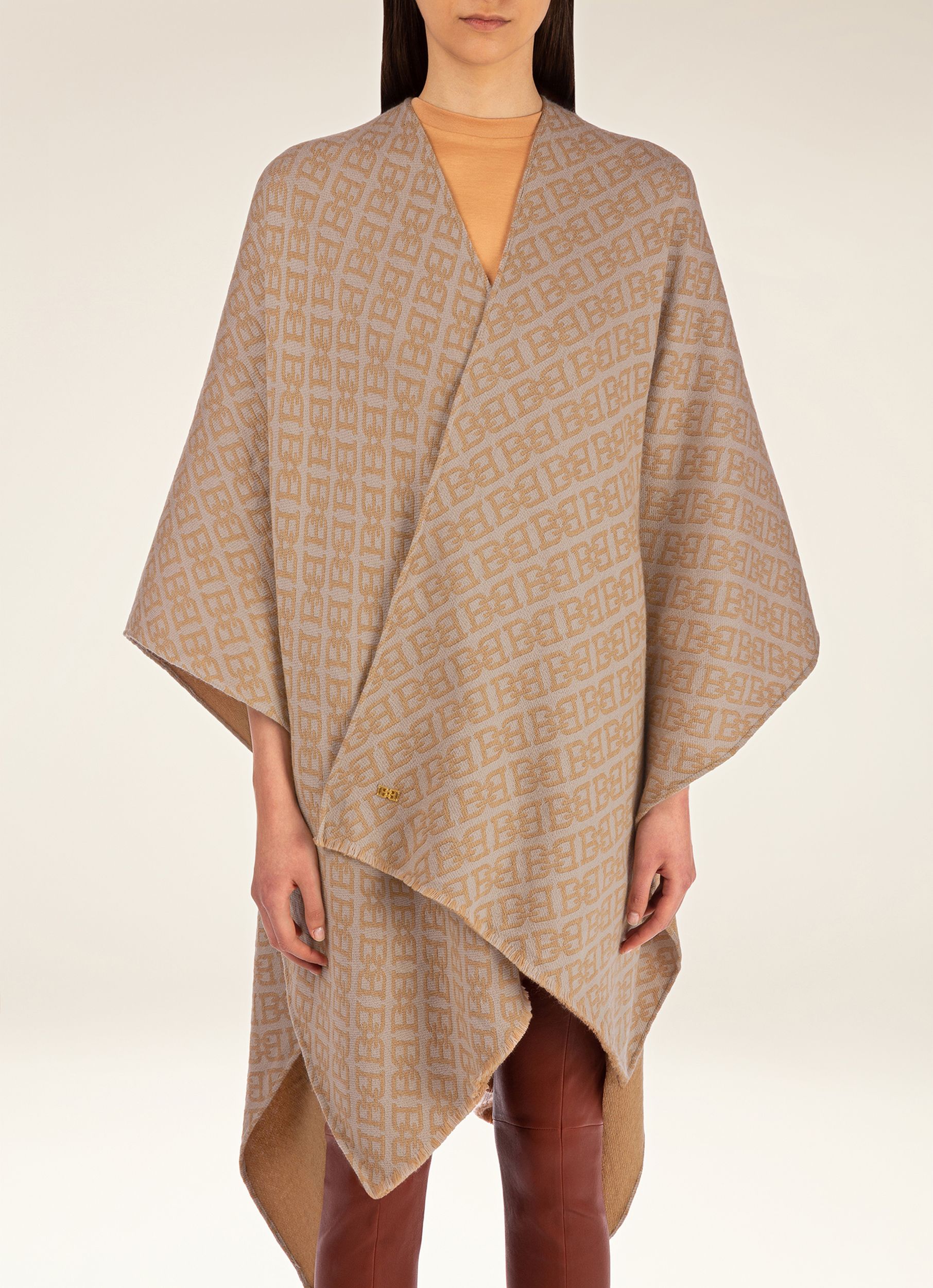 Poncho Mit Bb-Motiv Aus Schurwolle In Kamelbraun Und Blassrosa - Damen - Bally - 03