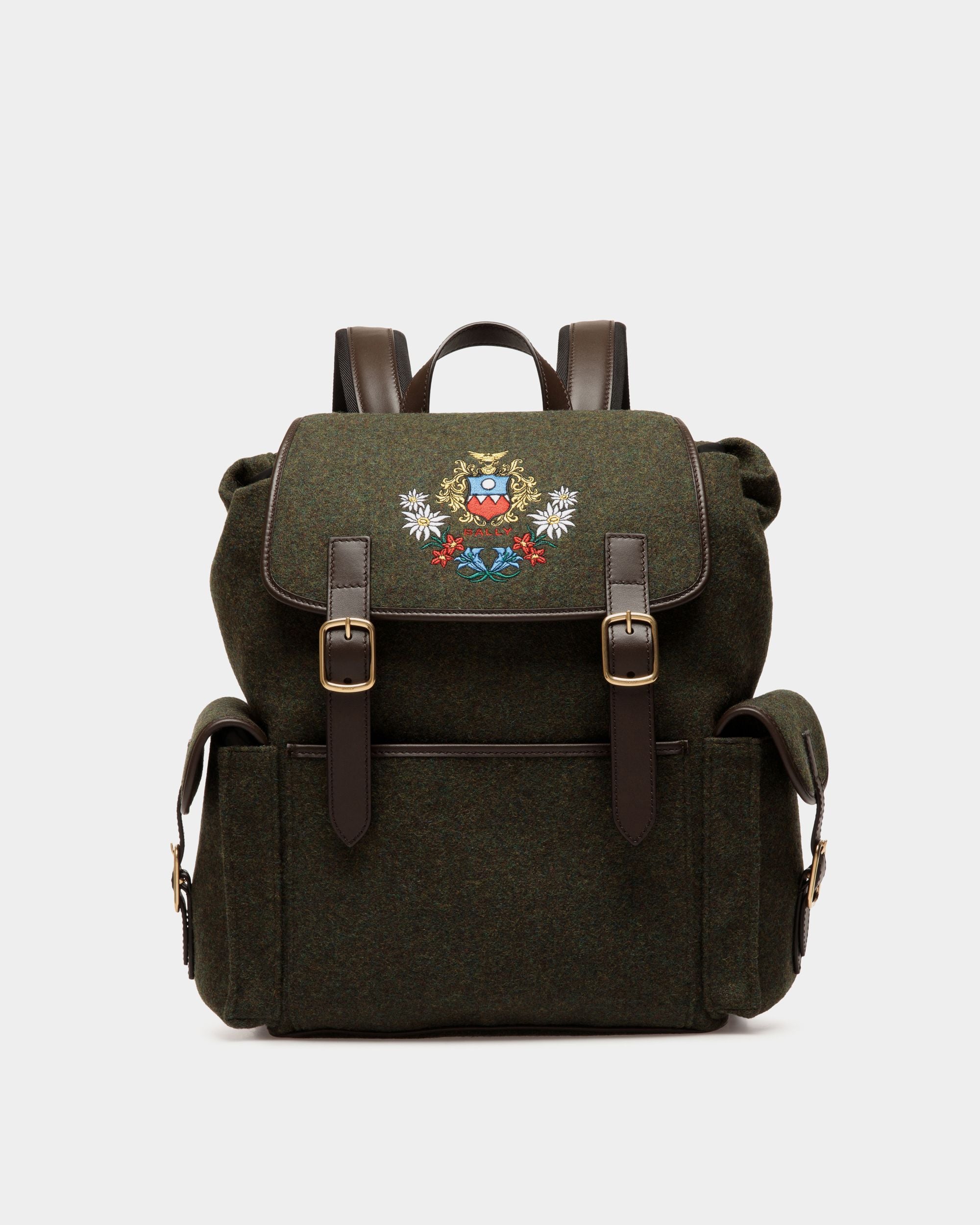 Winter Capsule Rucksack Aus Wolle In Dunkelgrün Und Aus Leder In Ebenholzschwarz Mit Alpenblumen - Herren - Bally - 01