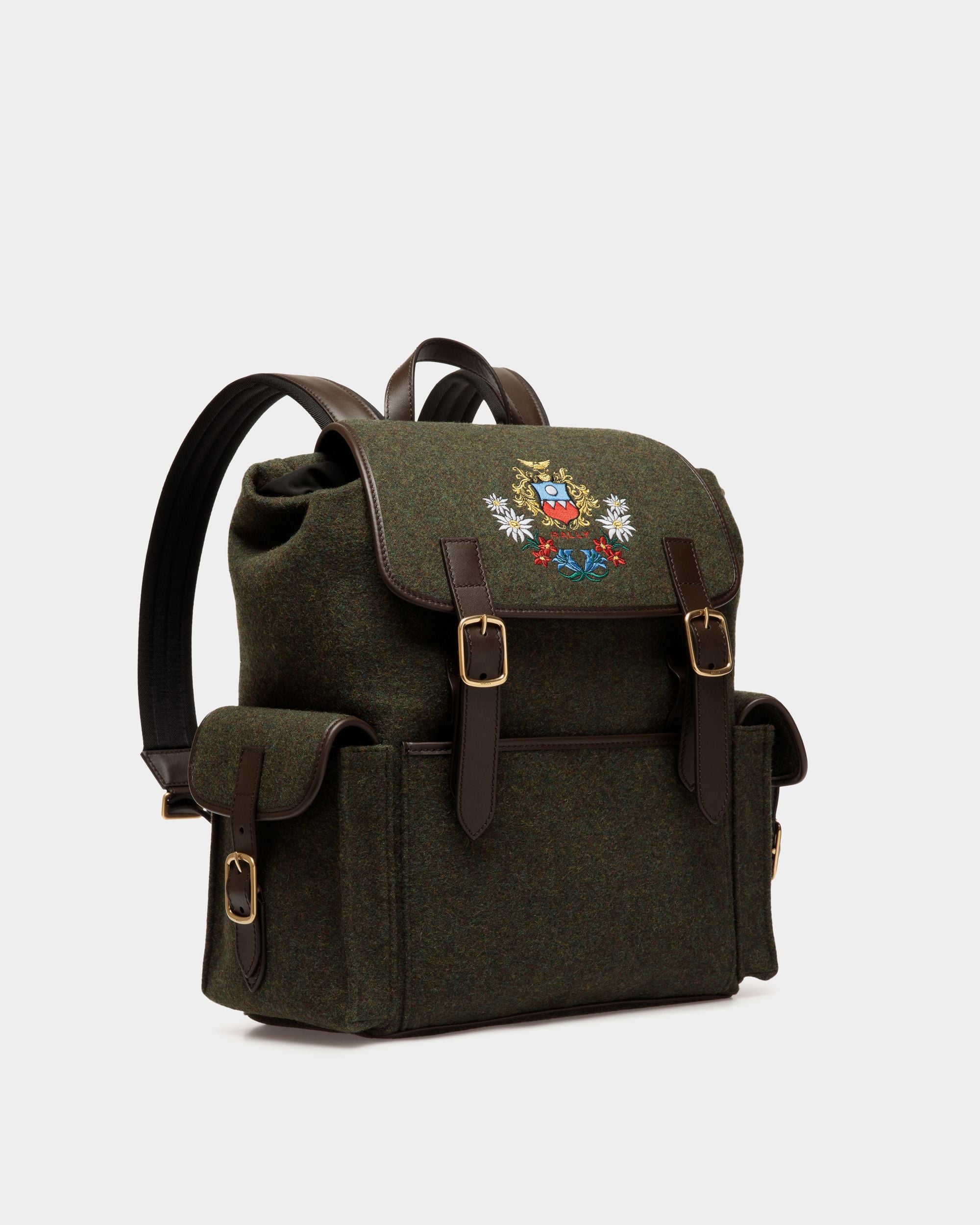 Winter Capsule Rucksack Aus Wolle In Dunkelgrün Und Aus Leder In Ebenholzschwarz Mit Alpenblumen - Herren - Bally - 03