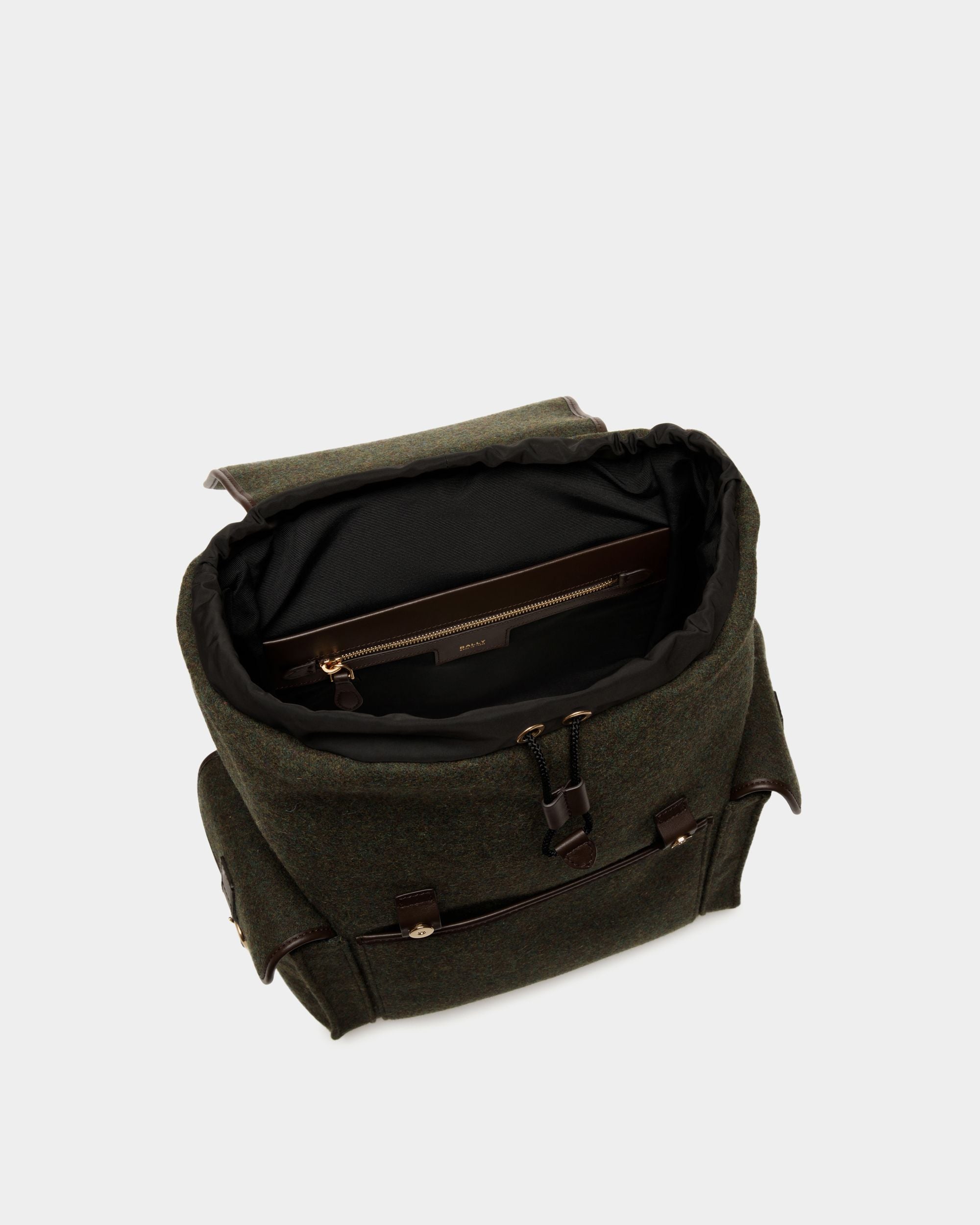 Winter Capsule Rucksack Aus Wolle In Dunkelgrün Und Aus Leder In Ebenholzschwarz Mit Alpenblumen - Herren - Bally - 02