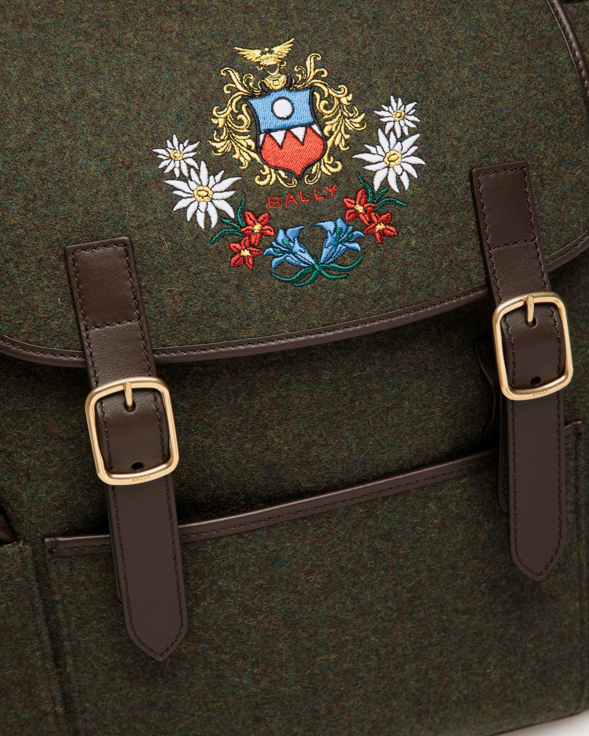Winter Capsule Rucksack Aus Wolle In Dunkelgrün Und Aus Leder In Ebenholzschwarz Mit Alpenblumen - Herren - Bally - 05