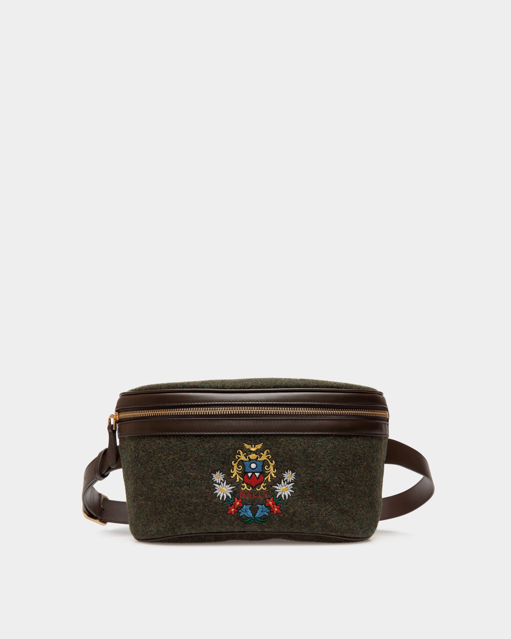 Winter Capsule Gürteltasche Aus Wolle In Dunkelgrün Und Leder In Ebenholzschwarz Mit Alpenblumen - Herren - Bally - 01