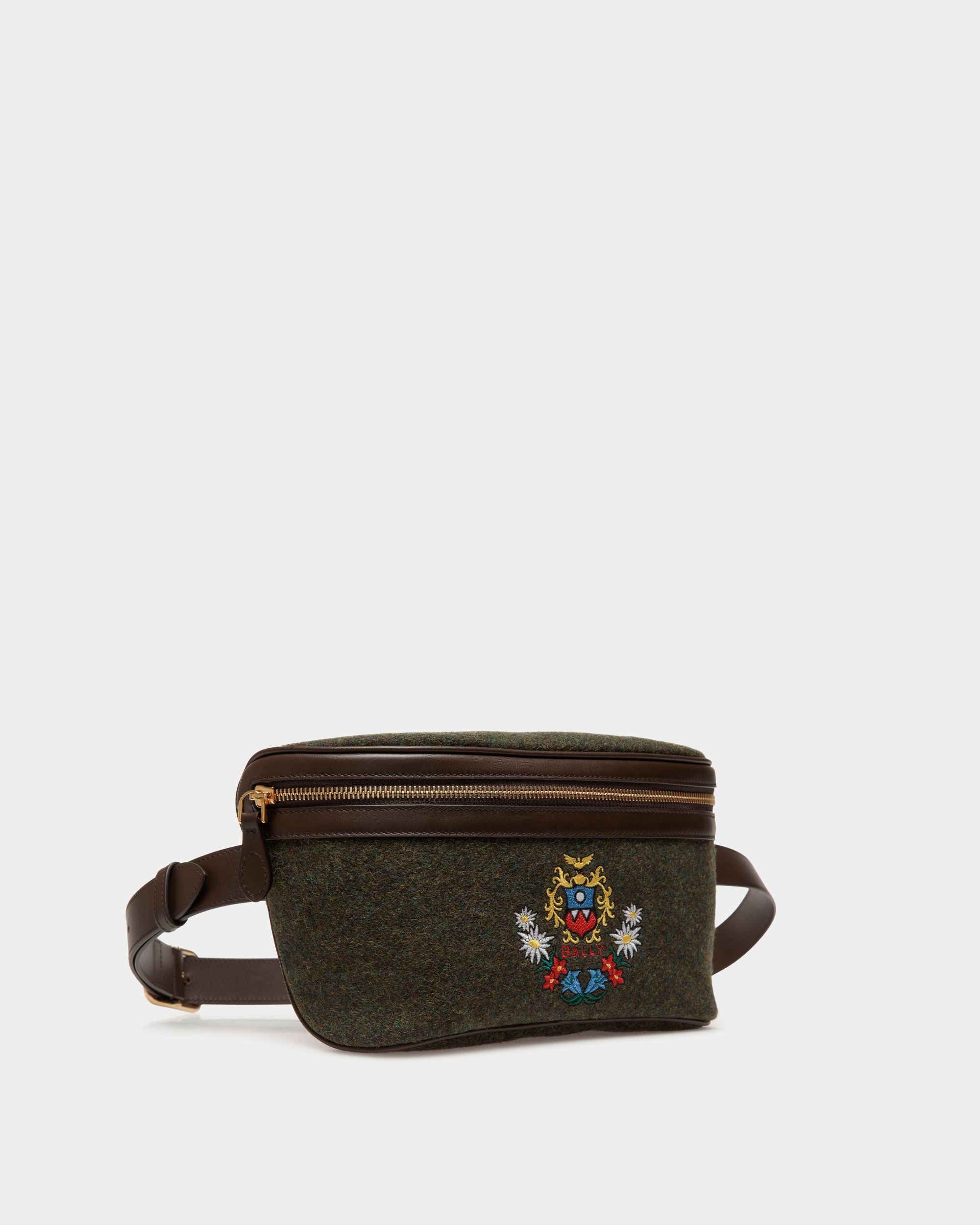 Winter Capsule Gürteltasche Aus Wolle In Dunkelgrün Und Leder In Ebenholzschwarz Mit Alpenblumen - Herren - Bally - 01
