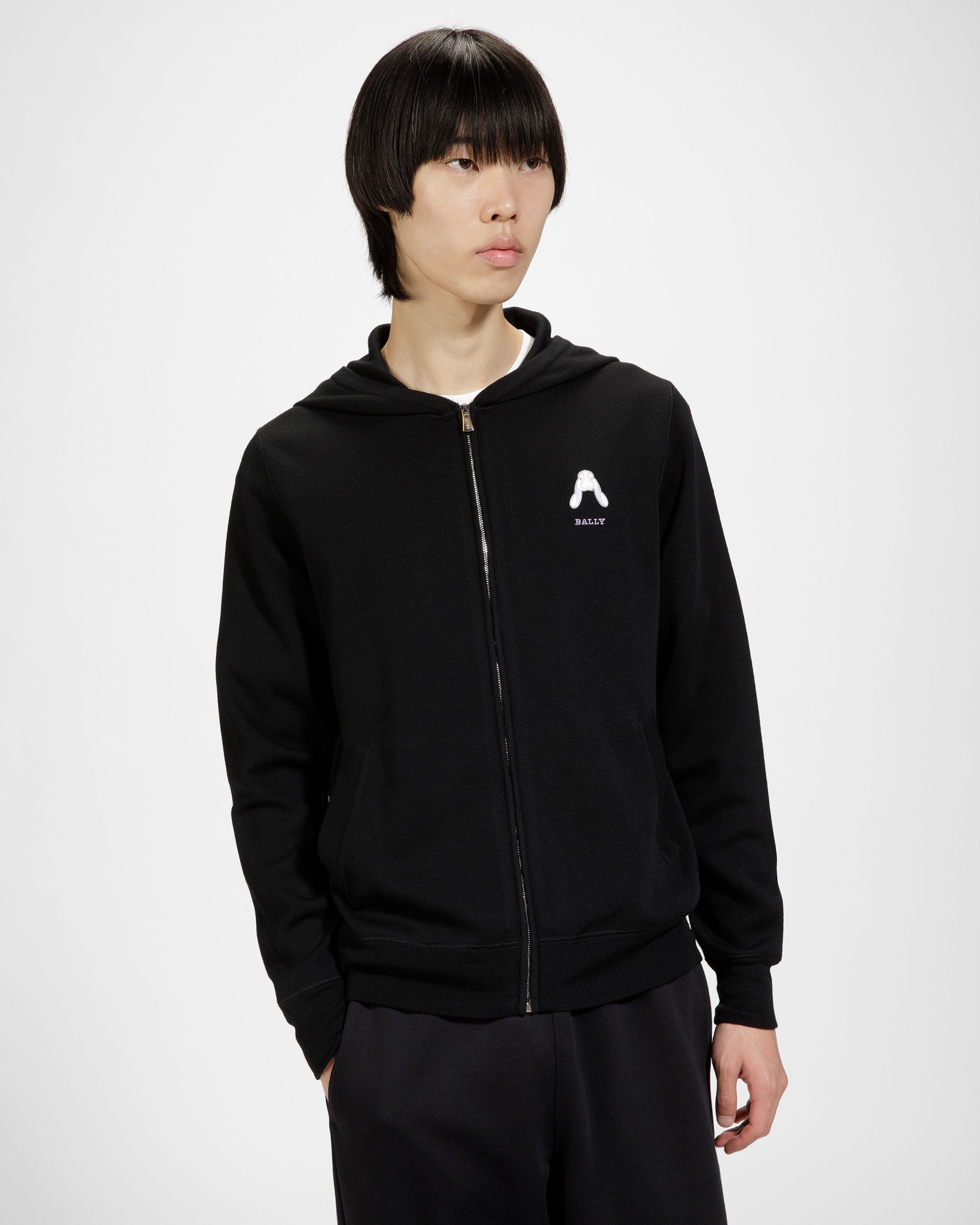 Hoodie Mit Kaninchen-Logo Kapuzen-Sweatjacke Aus Merinowolle In Schwarz - Herren - Bally - 01