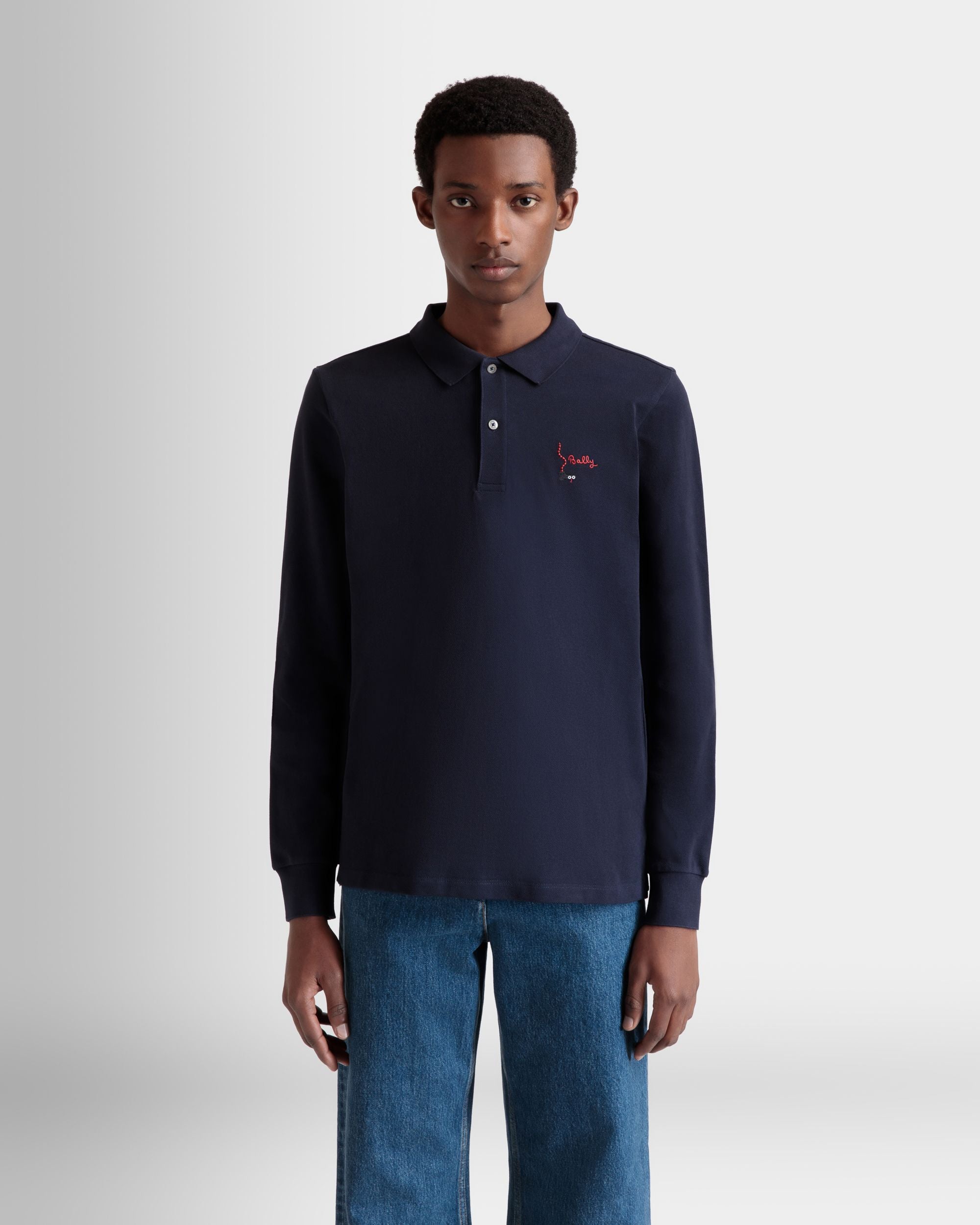 Langärmeliges Poloshirt Aus Baumwolle In Navy Blue - Herren - Bally - 08