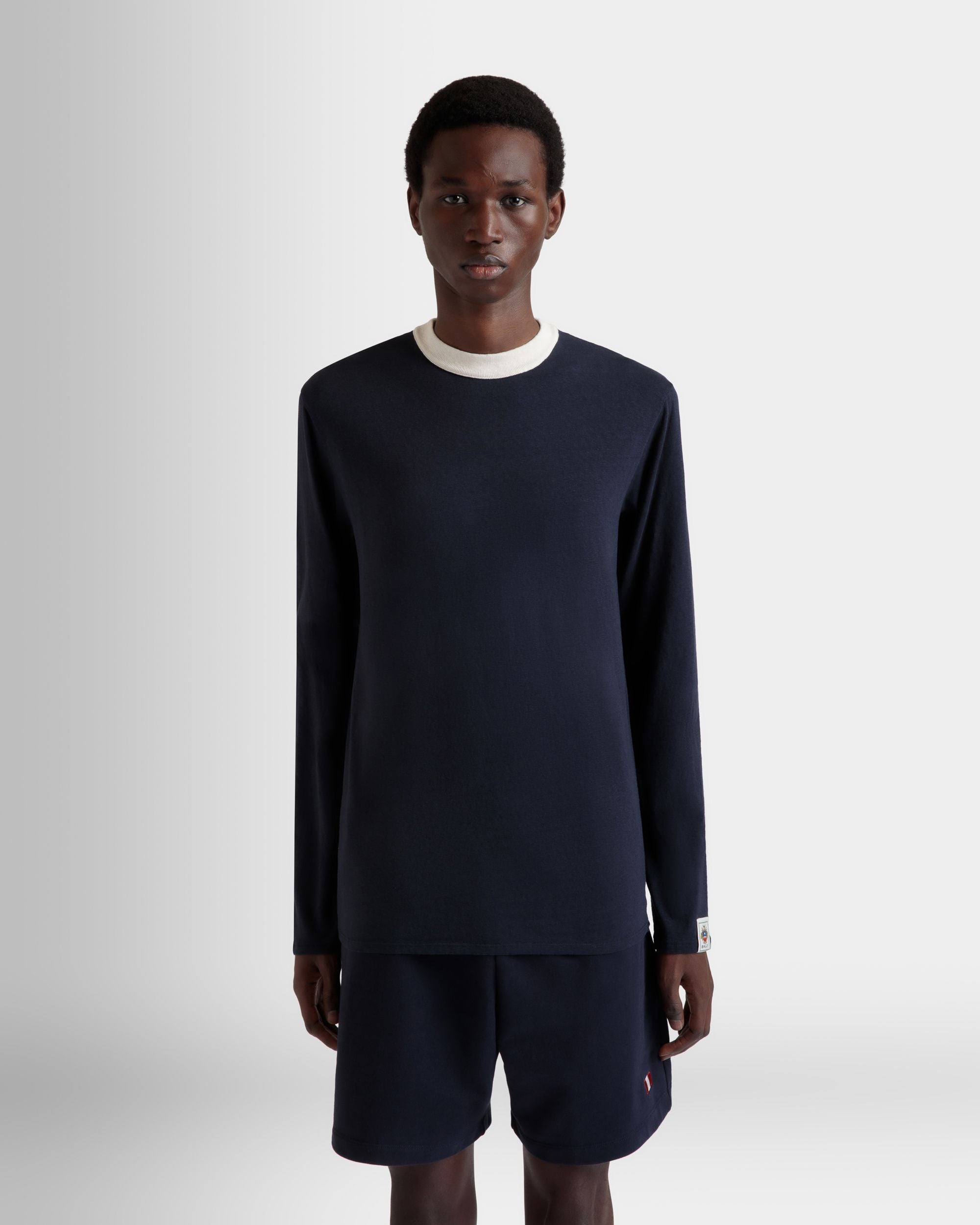 Langärmeliges T-Shirt Aus Baumwollstretch In Navy Blue - Herren - Bally - 08