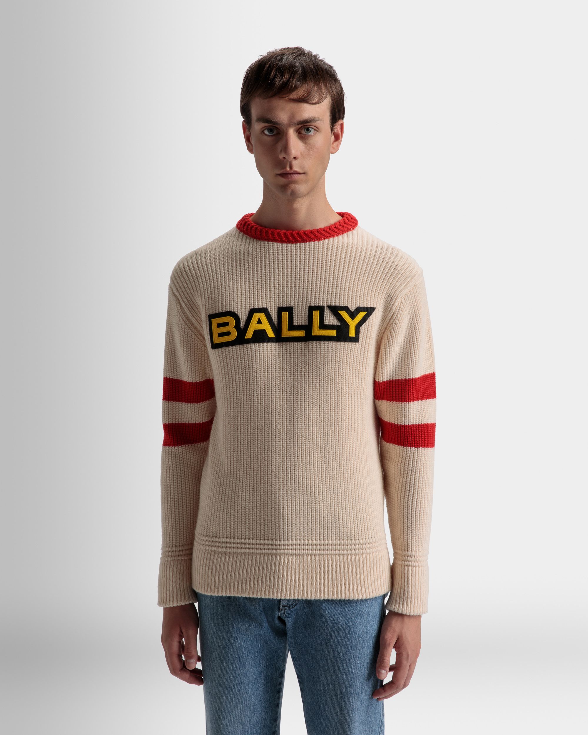 Rundhalspullover Aus Wolle In Elfenbein Und Rot - Herren - Bally - 03