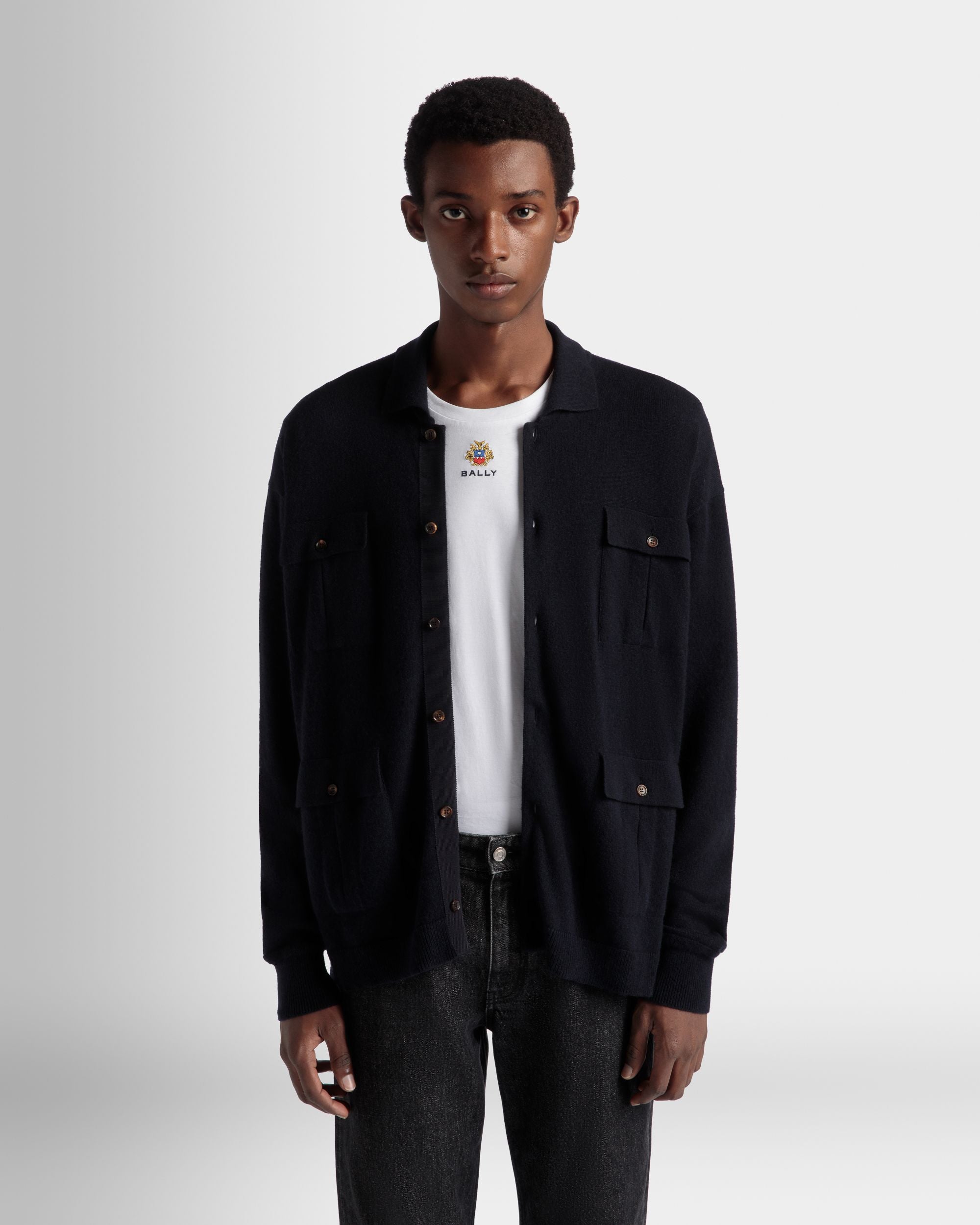 Langärmeliges Hemd Mit Logo Aus Kaschmir In Navy Blue - Herren - Bally - 04