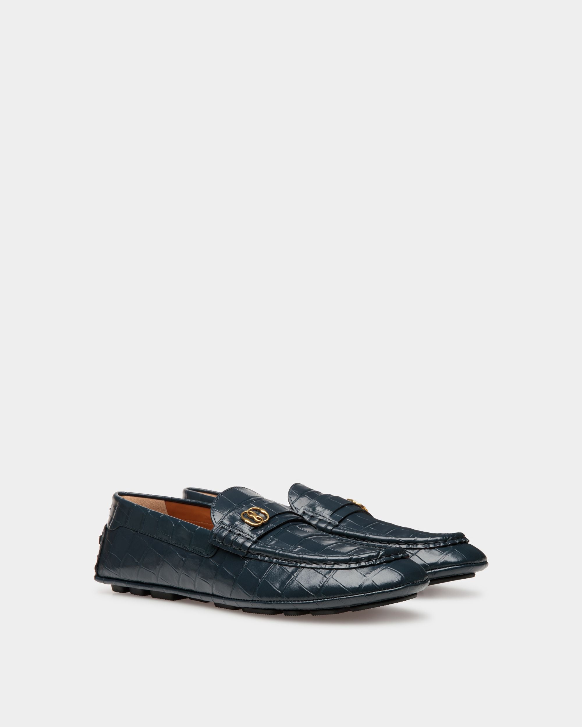 Kerbs Driver-Schuh Aus Dunkelblauem Leder Mit Kroko-Print - Herren - Bally - 02