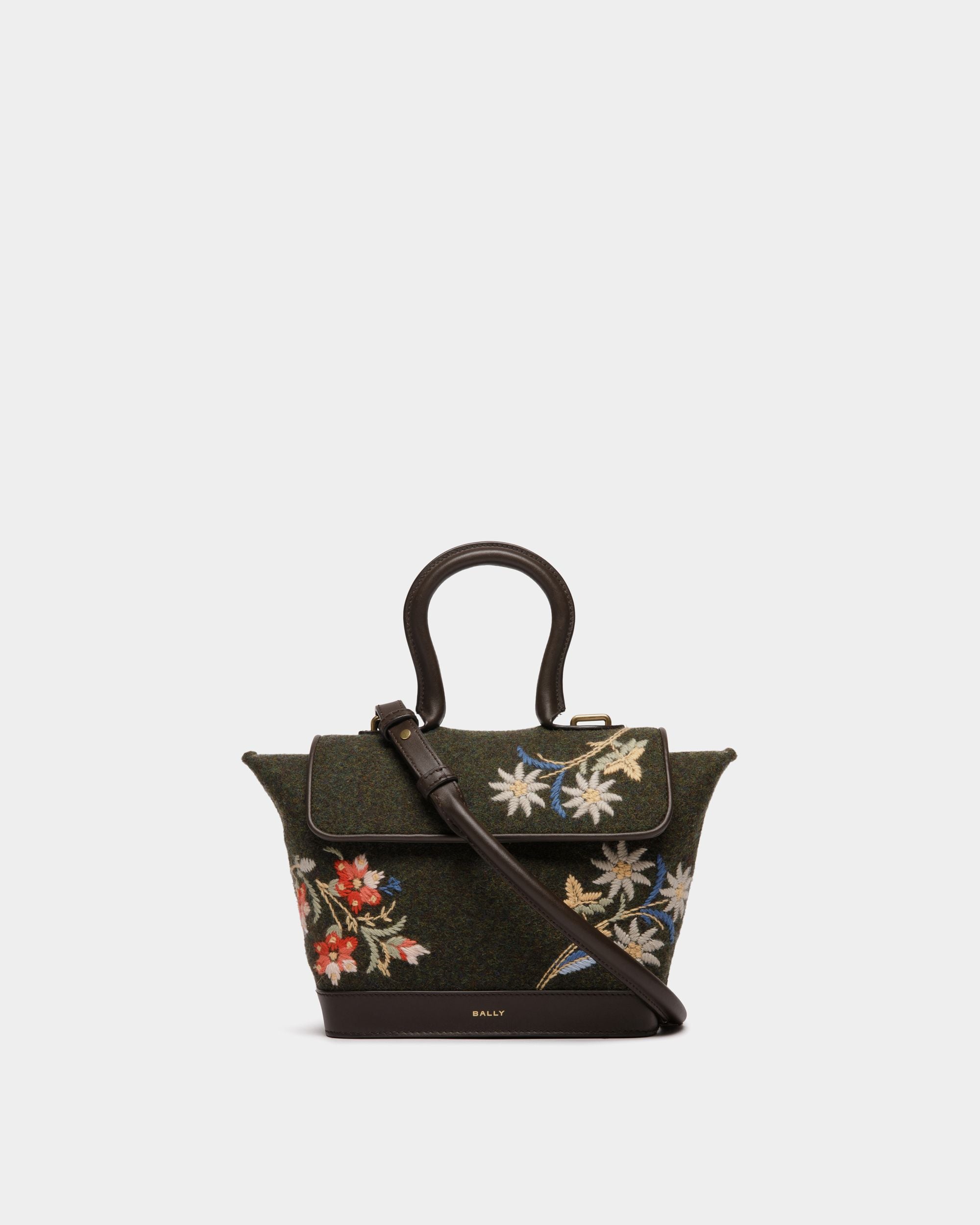 Winter Capsule Henkeltasche Aus Dunkelgrüner Wolle Und Leder In Ebenholzschwarz Mit Alpenblumen - Damen - Bally - 01