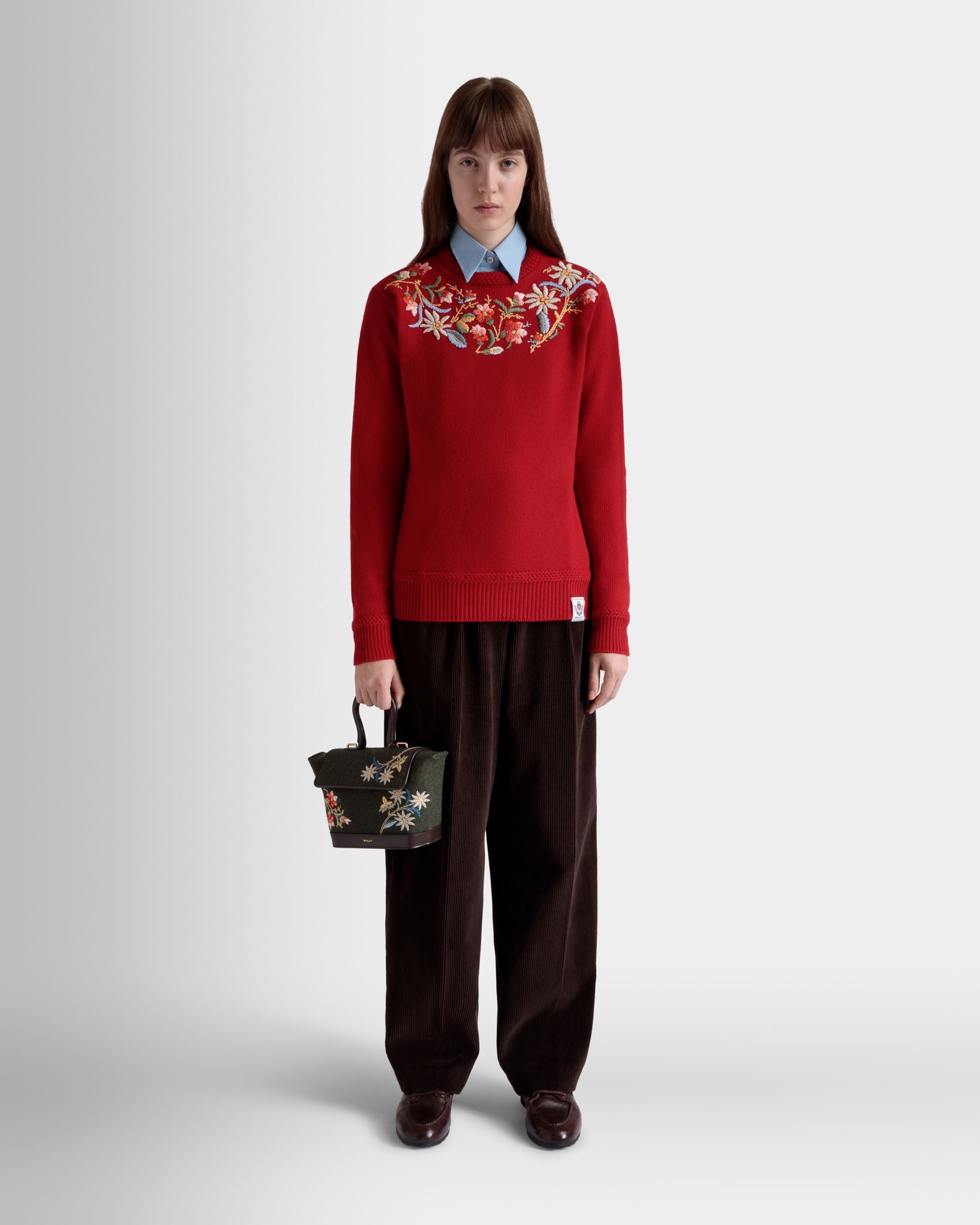 Winter Capsule Henkeltasche Aus Dunkelgrüner Wolle Und Leder In Ebenholzschwarz Mit Alpenblumen - Damen - Bally - 01