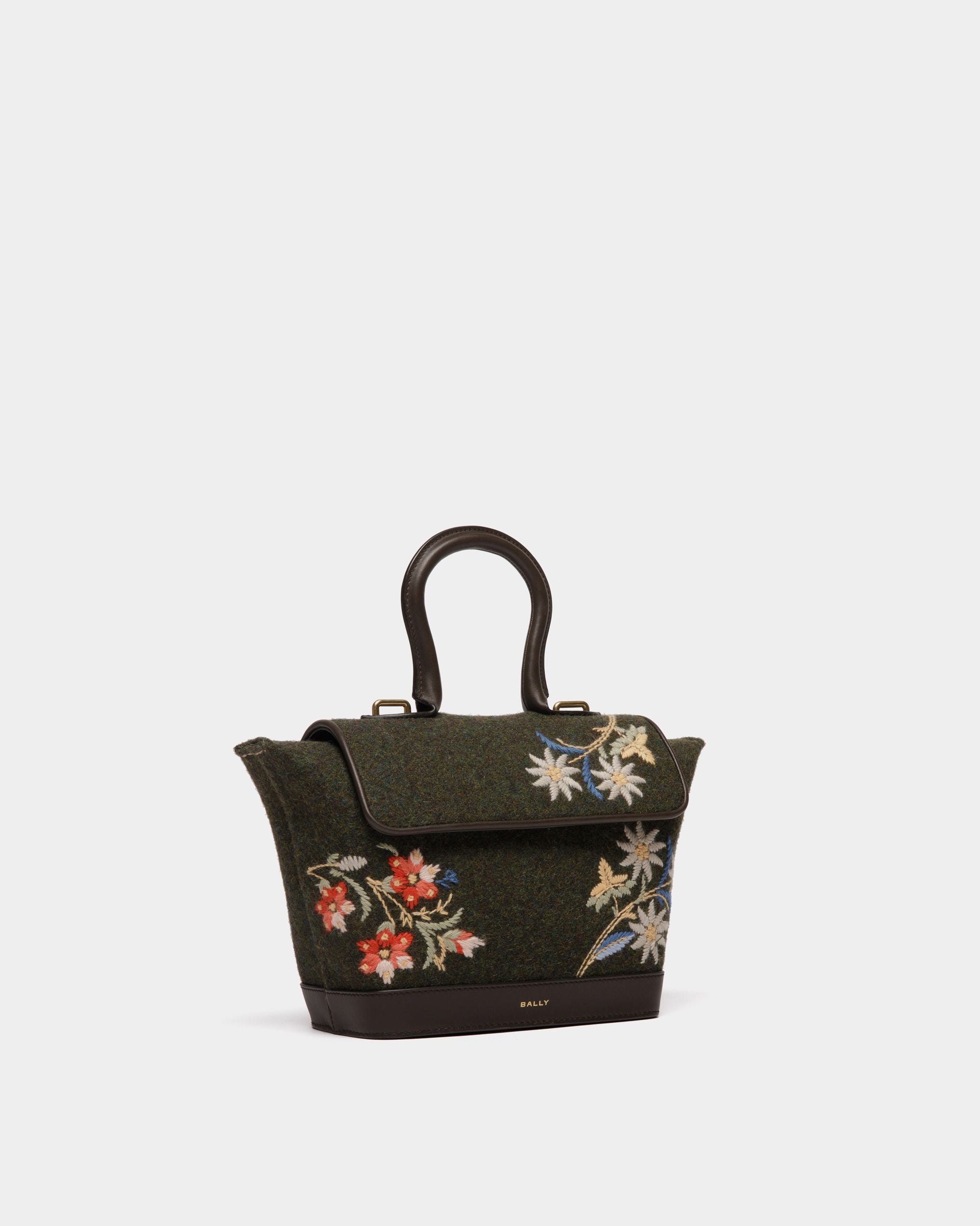 Winter Capsule Henkeltasche Aus Dunkelgrüner Wolle Und Leder In Ebenholzschwarz Mit Alpenblumen - Damen - Bally - 03