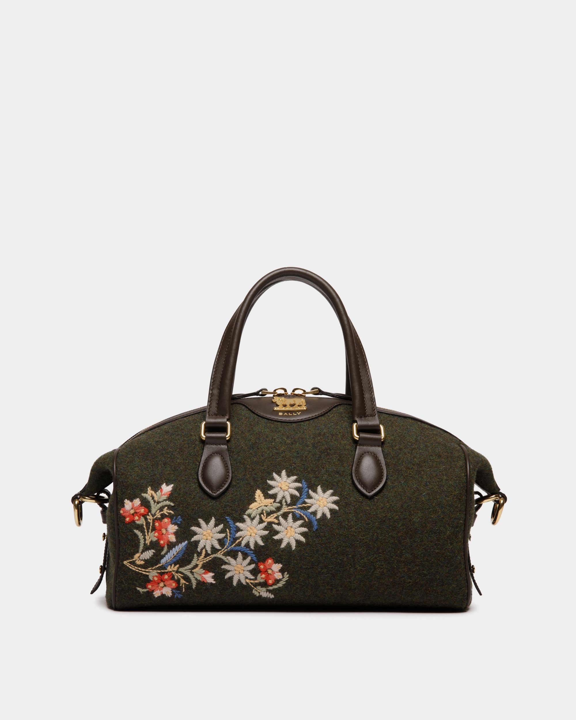 Winter Capsule Henkeltasche Aus Dunkelgrüner Wolle Und Leder In Ebenholzschwarz Mit Alpenblumen - Damen - Bally - 01