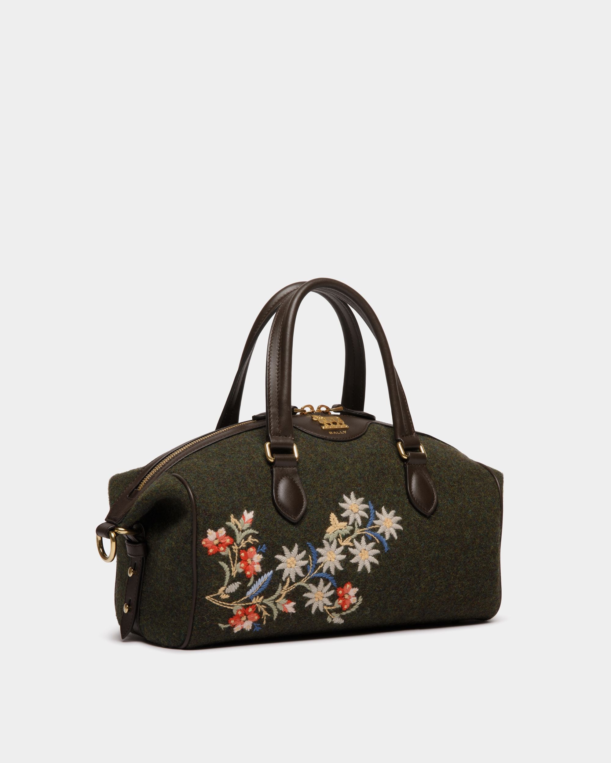 Winter Capsule Henkeltasche Aus Dunkelgrüner Wolle Und Leder In Ebenholzschwarz Mit Alpenblumen - Damen - Bally - 04