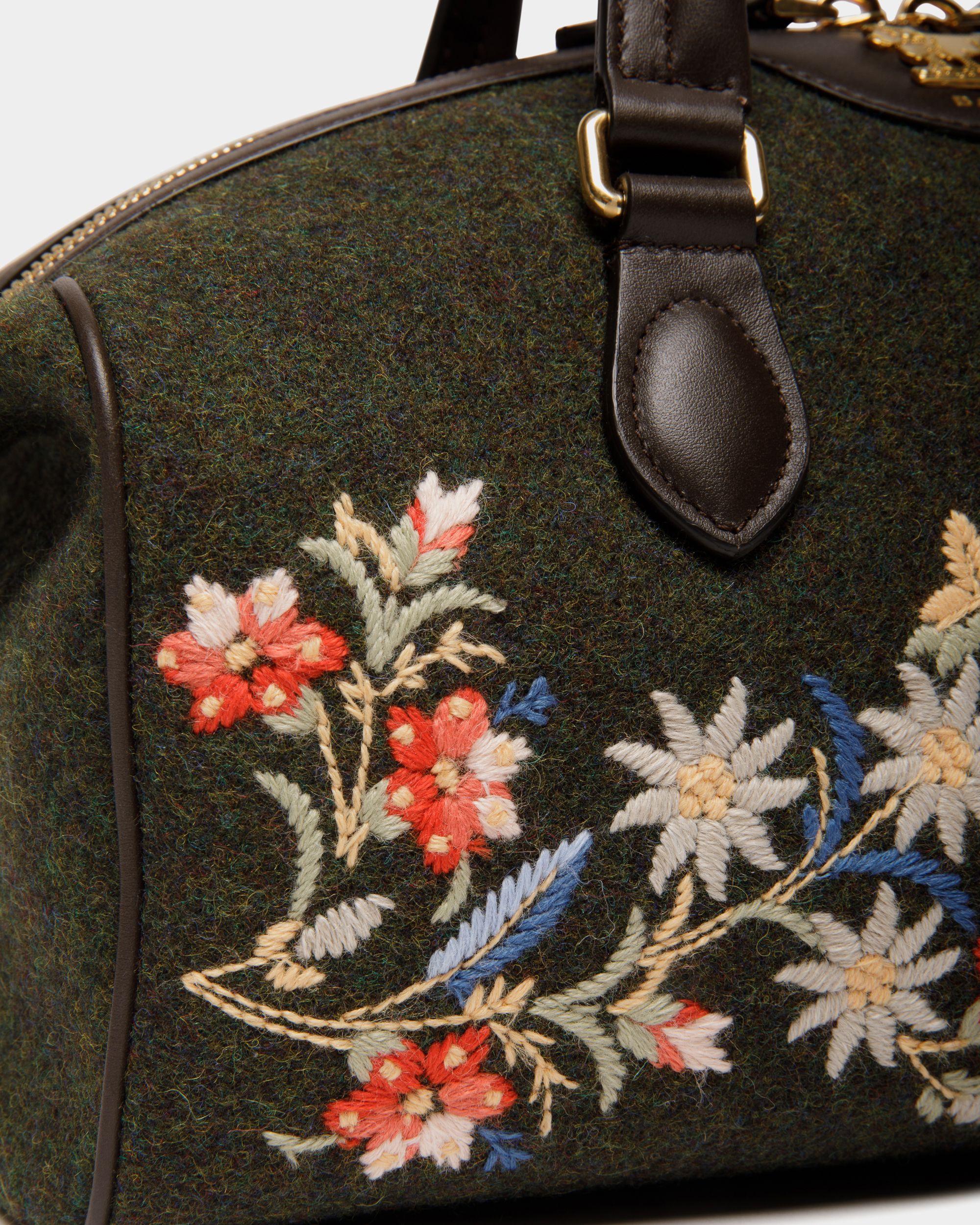 Winter Capsule Henkeltasche Aus Dunkelgrüner Wolle Und Leder In Ebenholzschwarz Mit Alpenblumen - Damen - Bally - 05