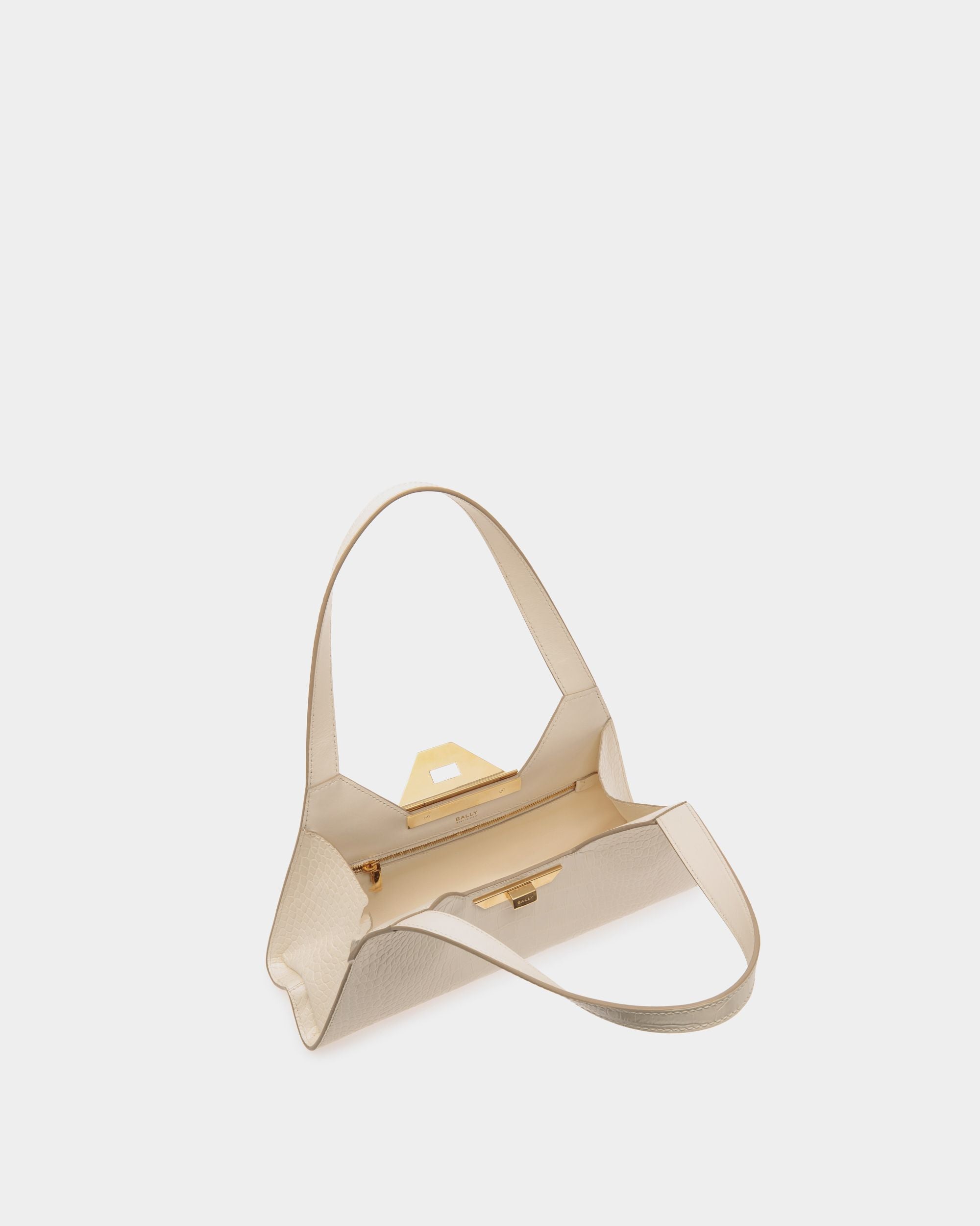 Kleine Tilt Schultertasche Aus Leder Mit Kroko-Print In Weiß - Damen - Bally - 05