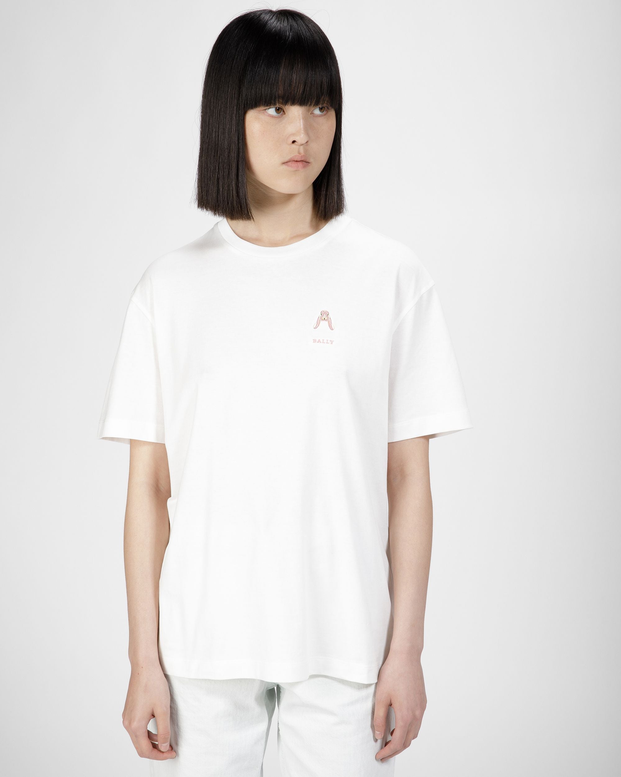 Baumwoll-T-Shirt Mit Hasenmotiv In Elfenbein - Damen - Bally - 01