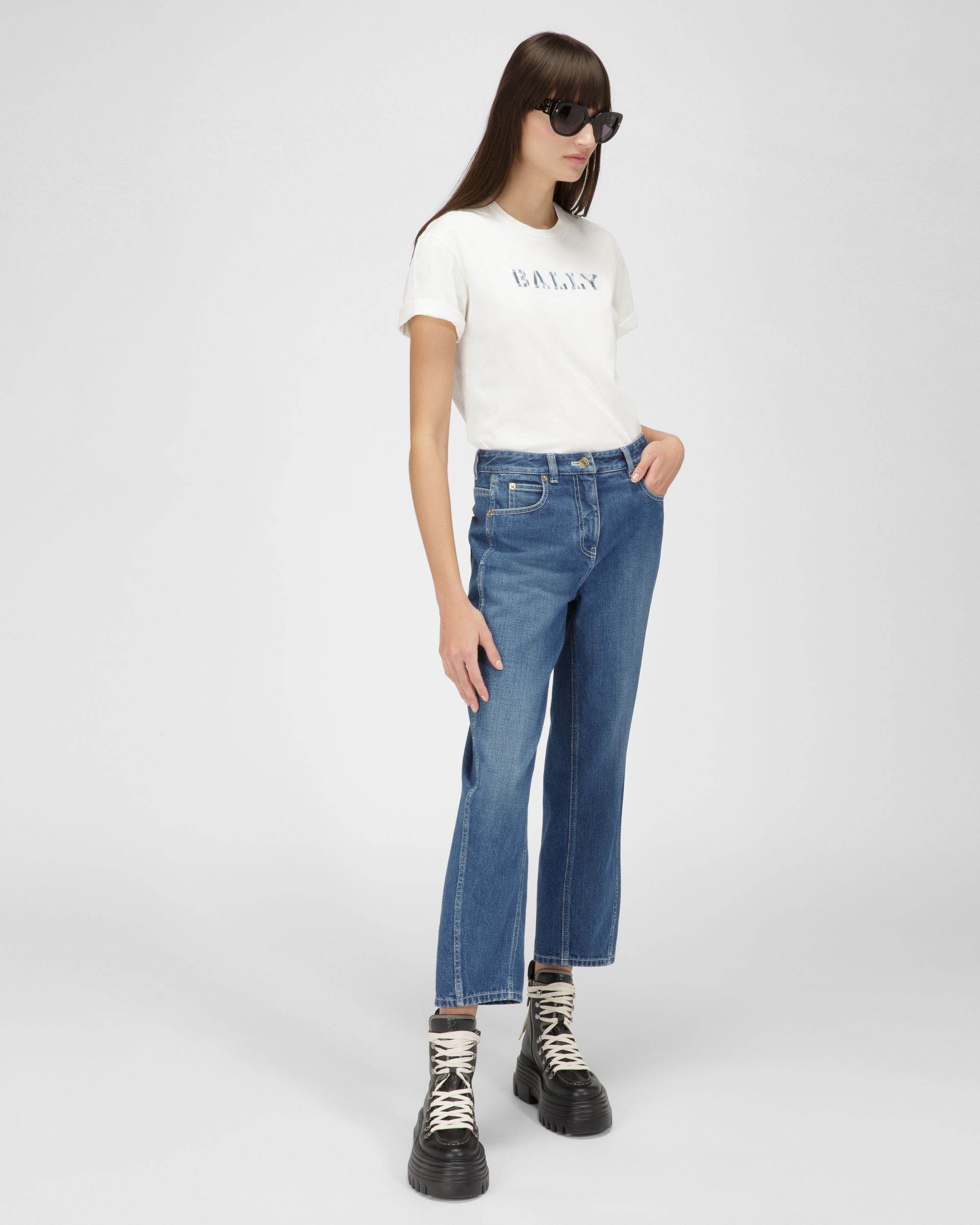 T-Shirt Aus Elfenbeinfarbener Bio-Baumwolle - Damen - Bally - 05