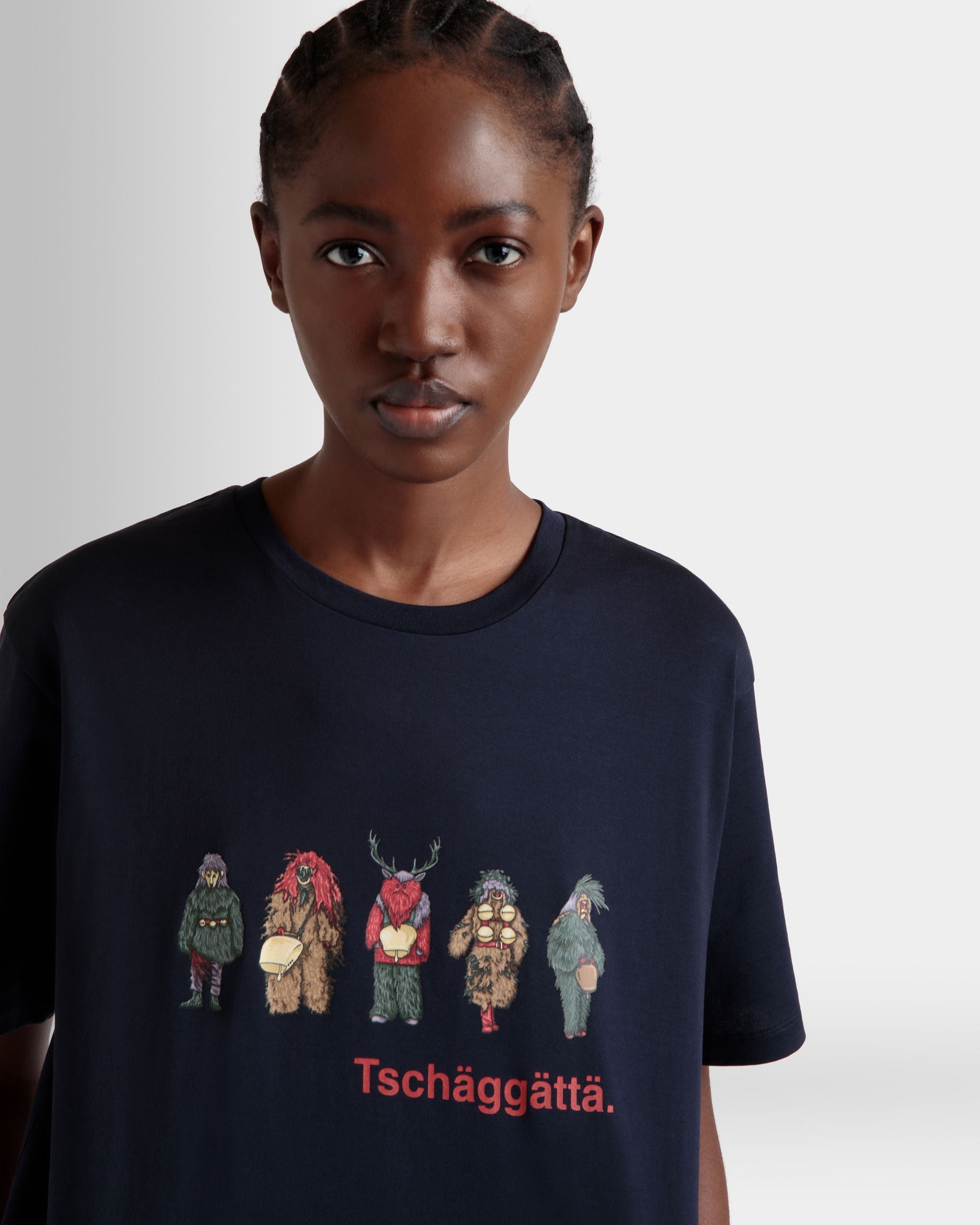 T-Shirt Aus Baumwolle In Navy Blue Mit Forest Mask-Print - Damen - Bally - 08