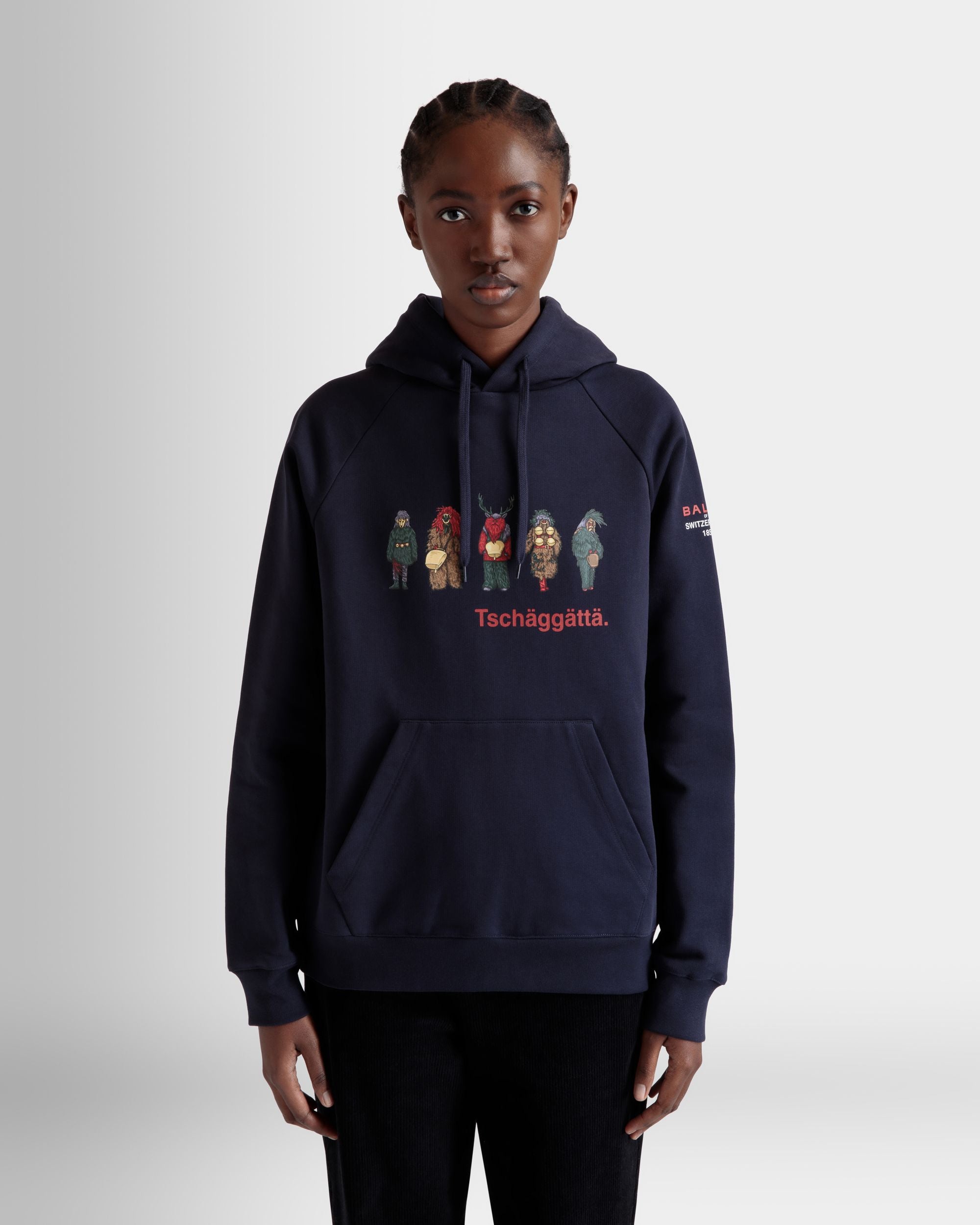 Hoodie with Forest Mask Print In Navy Blue Cotton - Damen - Bally - 03