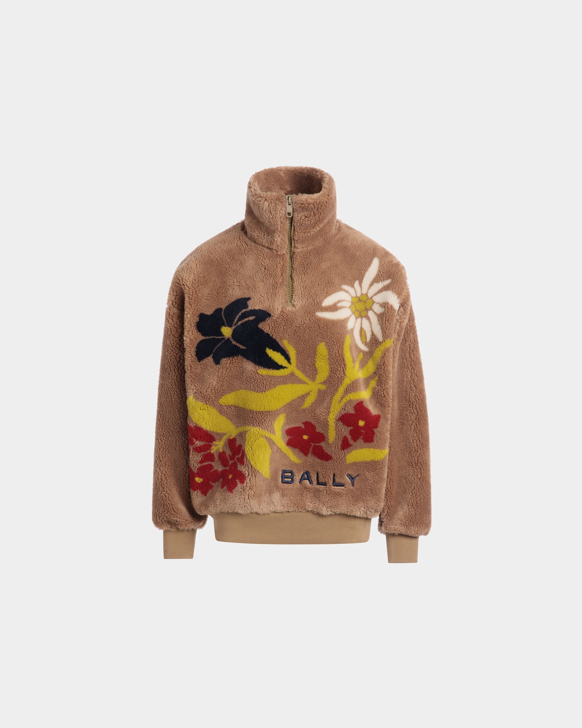Winter Capsule Sweatshirt Mit Halbem Reißverschluss Und Alpenblumen Aus Fleece In Camel - Damen - Bally - 01