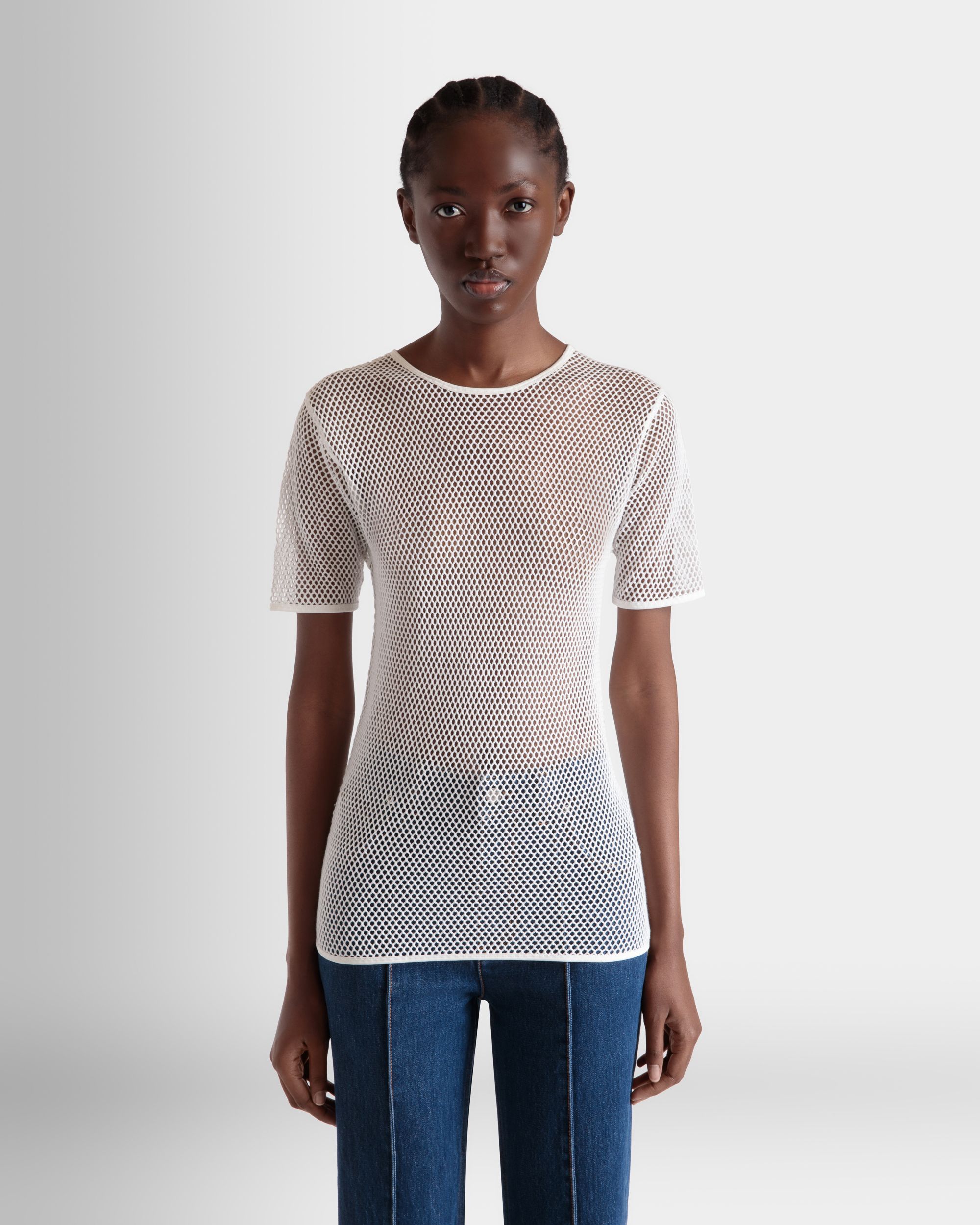Mesh-T-Shirt Aus Baumwolle In Weiß - Damen - Bally - 05