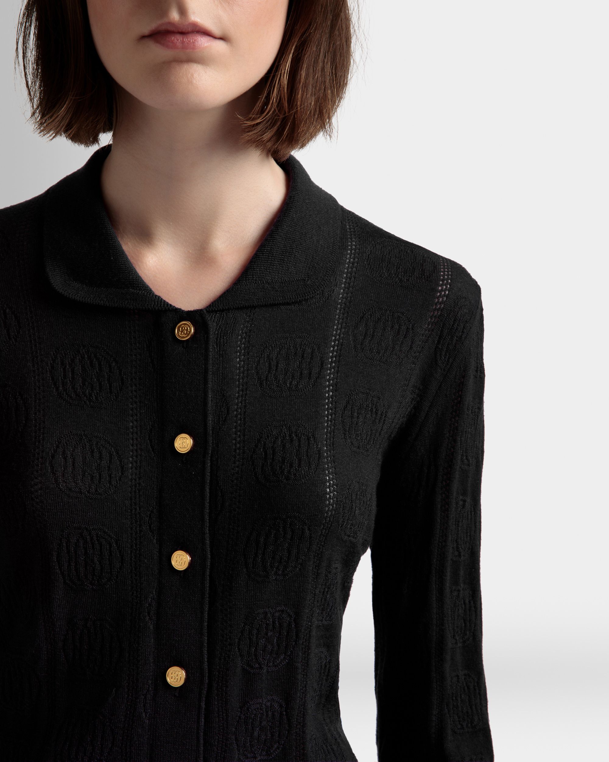 Langarm-Poloshirt mit Strickdetail Aus schwarzer Wolle - Damen - Bally - 03