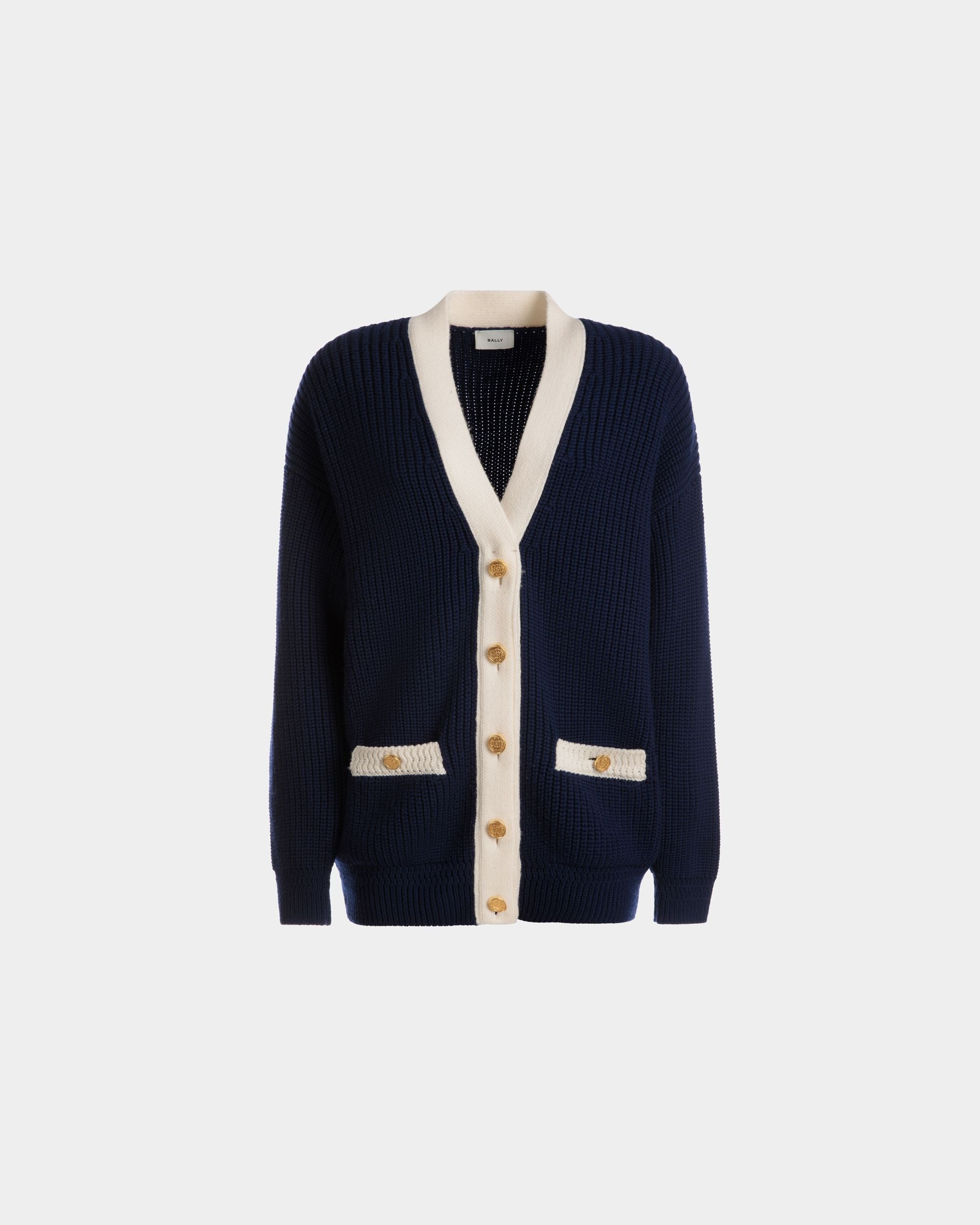 Strickjacke Mit V-Ausschnitt Aus Marineblauer Wolle - Damen - Bally - 01
