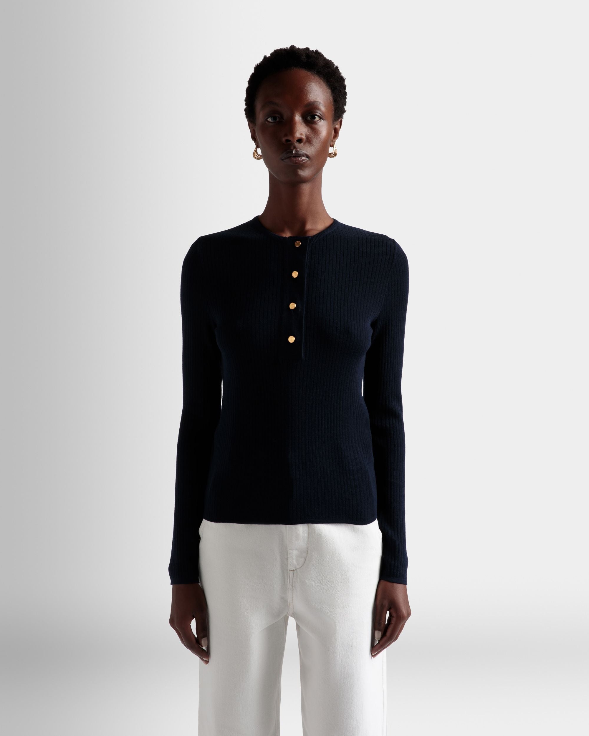 Henley Pullover Aus Tintenblauer Wolle - Damen - Bally - 03