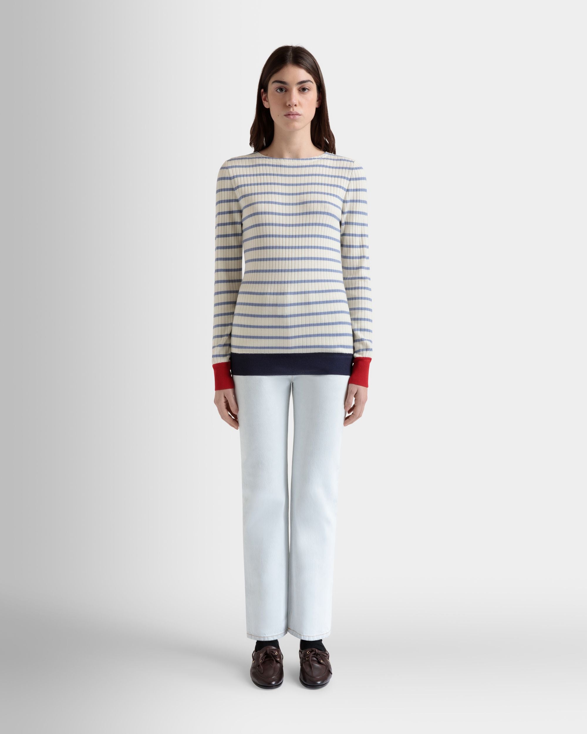 Langärmeliges Top Aus Einer Wollmischung In Elfenbein Und Light Blue - Damen - Bally - 02