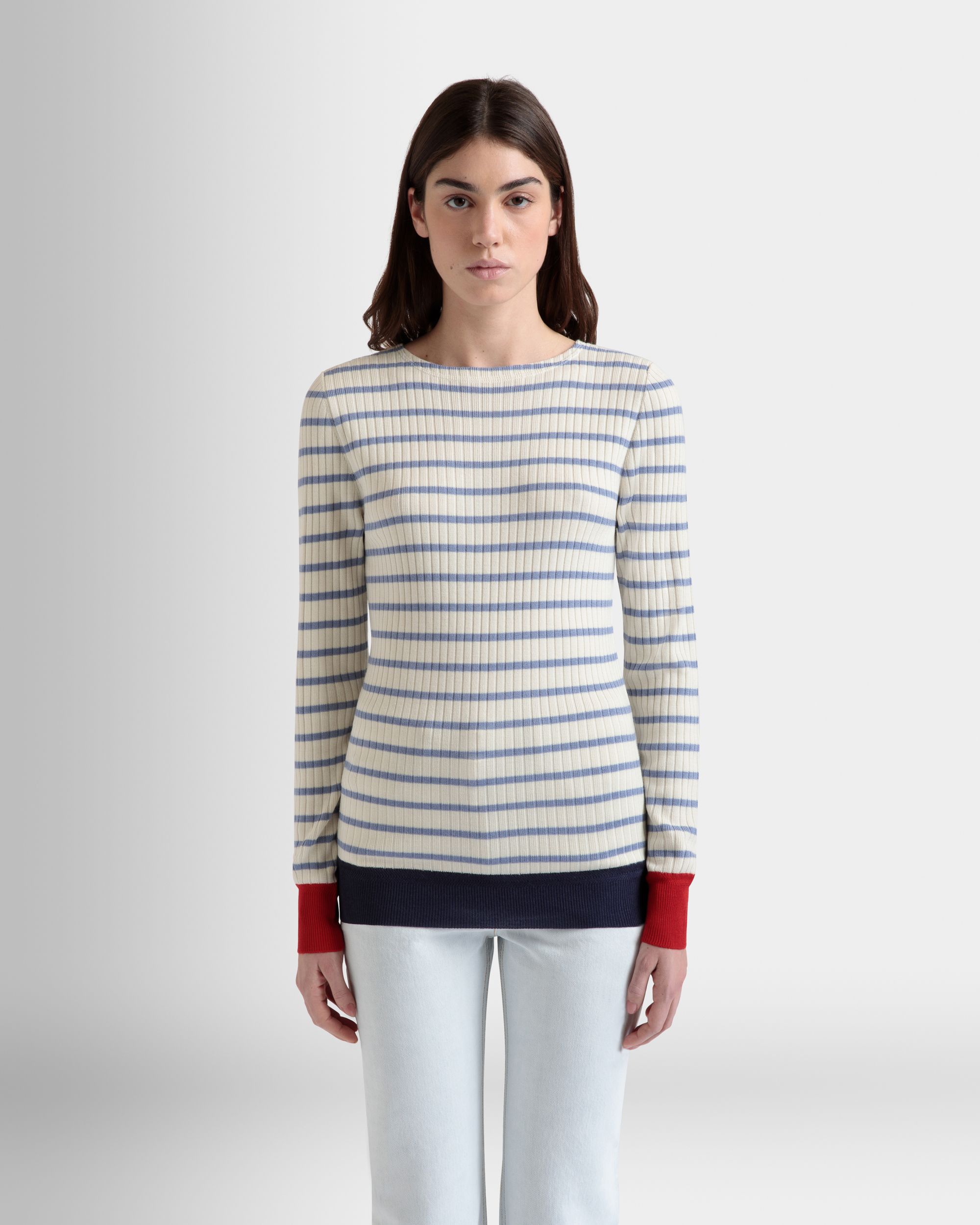 Langärmeliges Top Aus Einer Wollmischung In Elfenbein Und Light Blue - Damen - Bally - 08