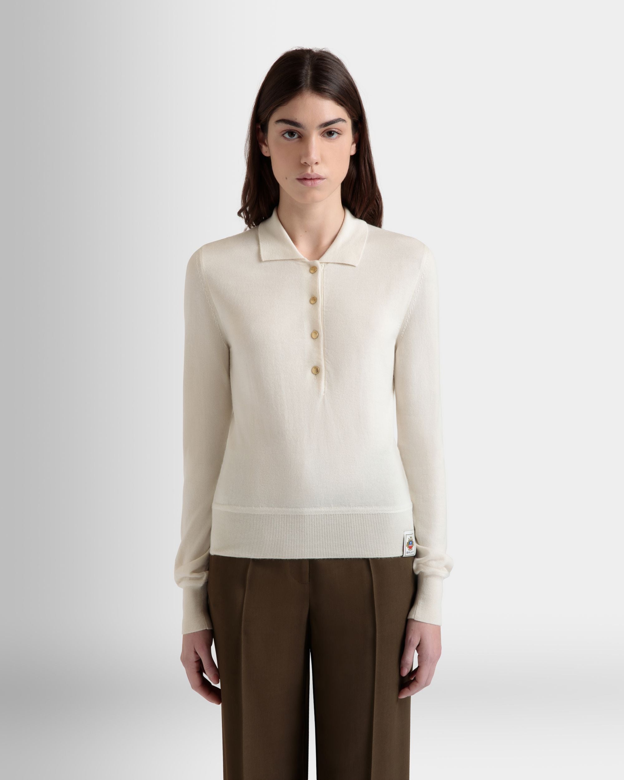 Langarm-Poloshirt Aus Elfenbeinfarbenem Kaschmir-Seiden-Mix - Damen - Bally - 08