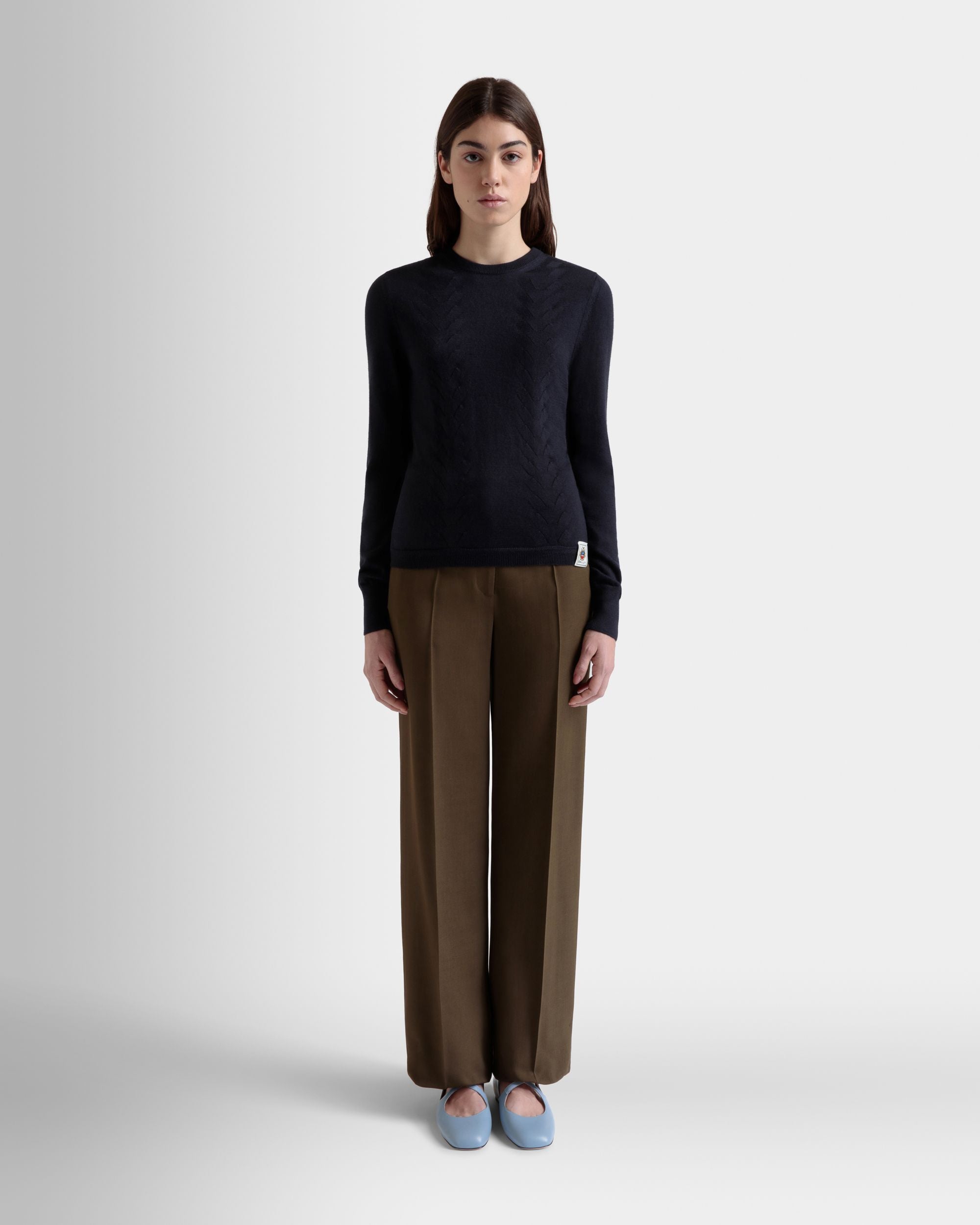 Langärmeliges Top Aus Kaschmir-Seiden-Mix In Navy Blue - Damen - Bally - 02