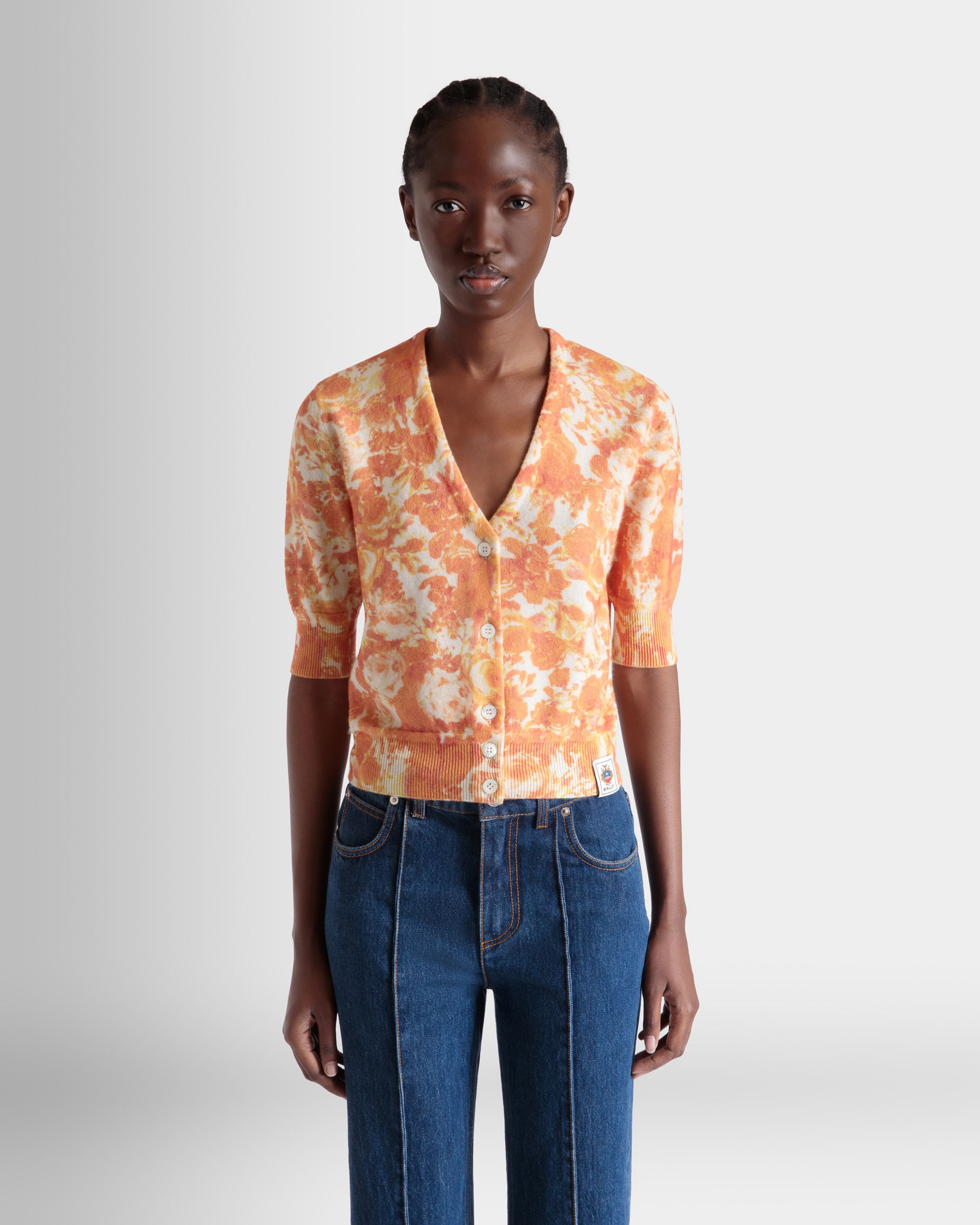 Cardigan Mit Rosengarten-Print Aus Kaschmir In Koi Orange - Damen - Bally - 08