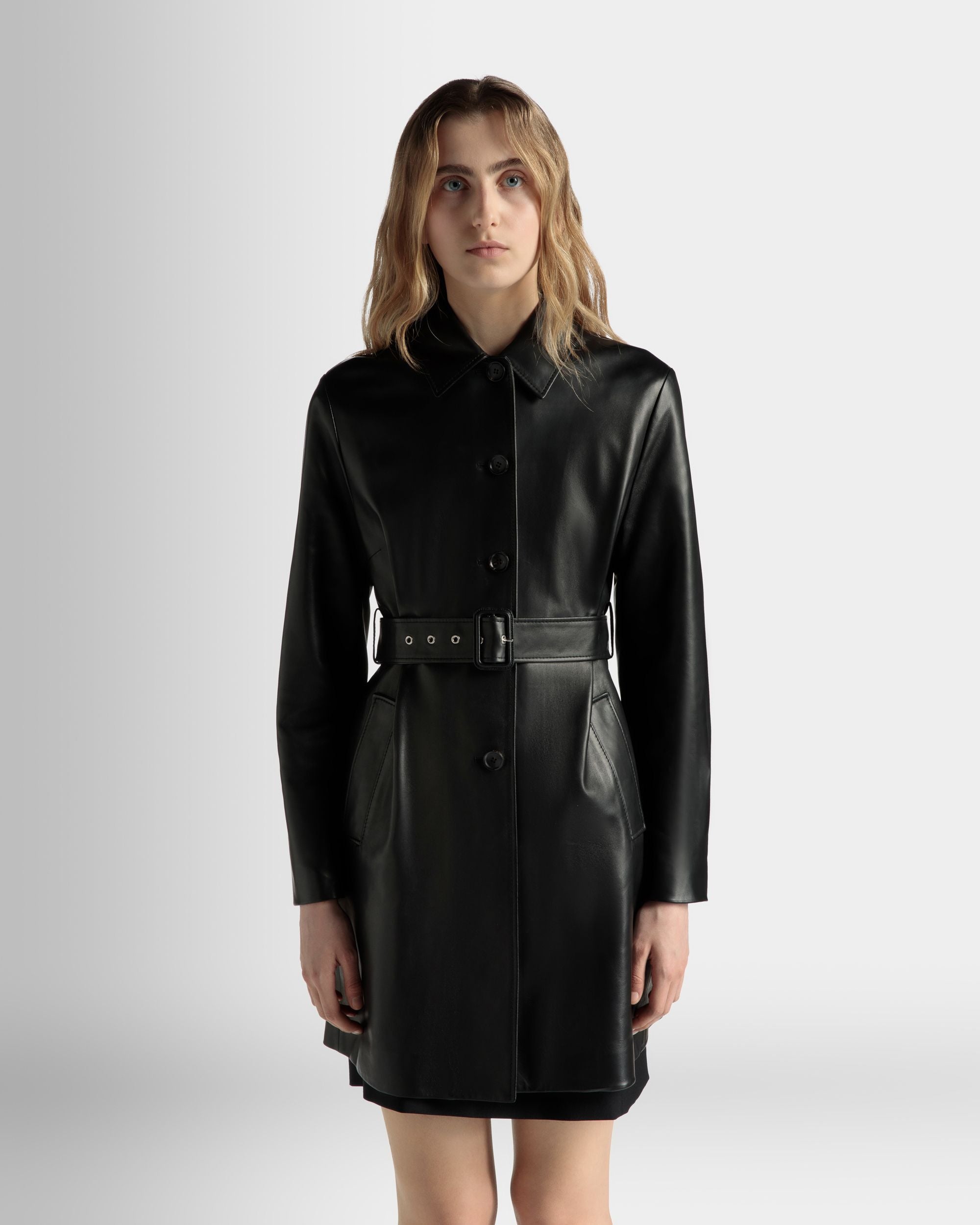 Midi-Mantel Mit Gürtel Aus Leder In Schwarz - Damen - Bally - 02