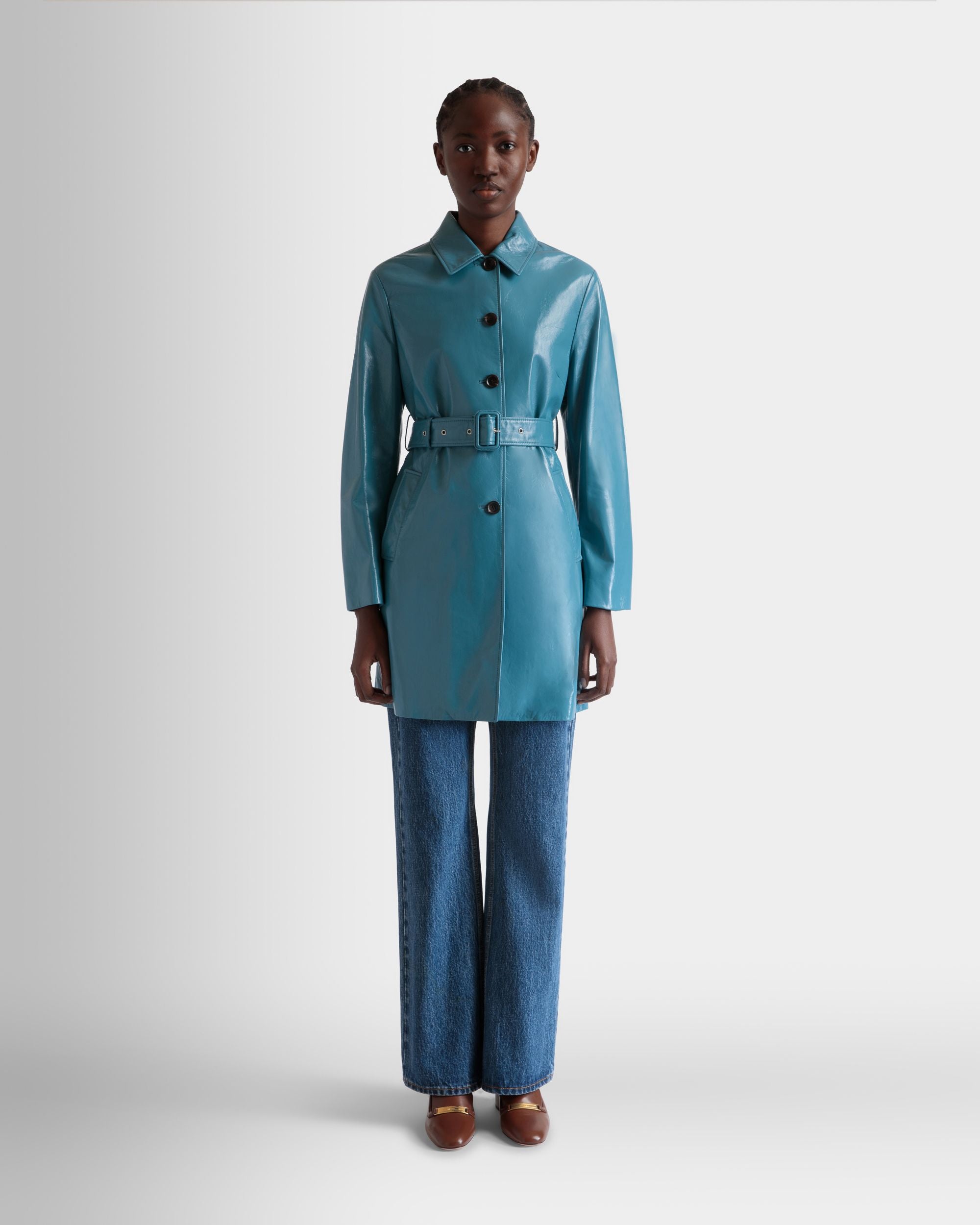 Mantel Mit Gürtel Aus Leder In Medium Blue - Damen - Bally - 02